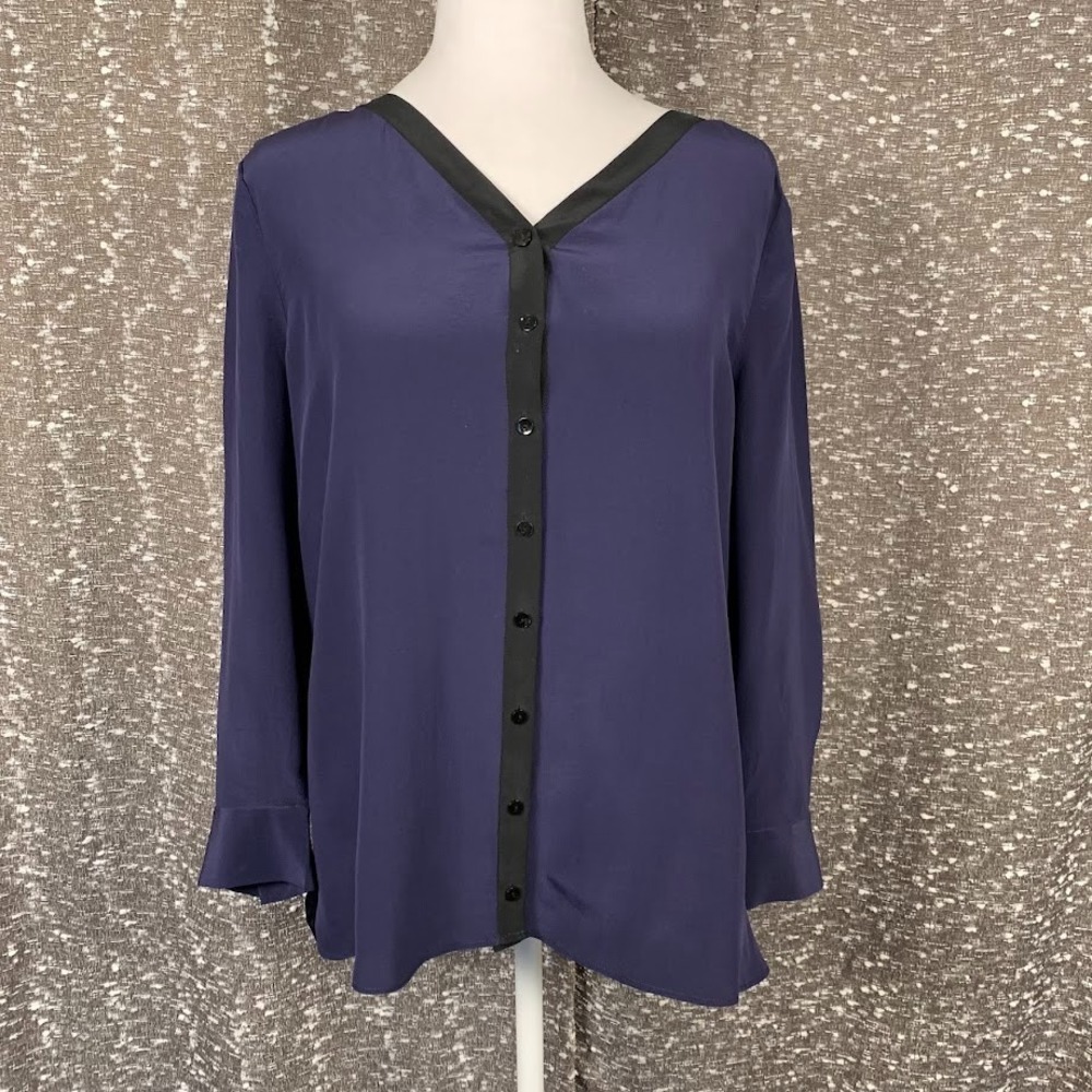 Eileen Fisher Blue Silk Button Up Blouse Long Sleeve Office Minimalist Women's M